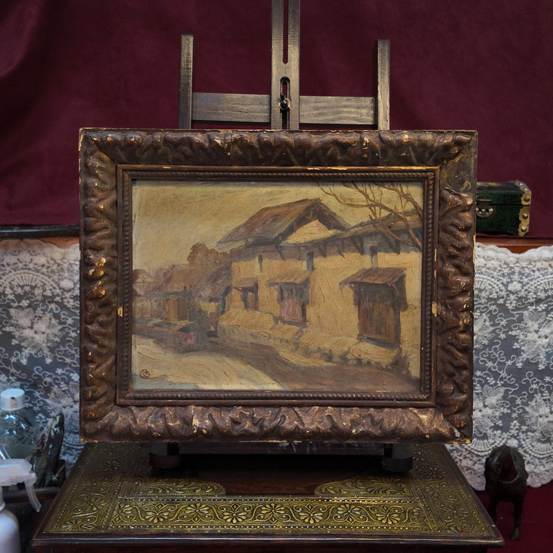 Circa 1890s Original Antique European Village Street Landscape Oil Painting with Vintage Solid Wood Frame