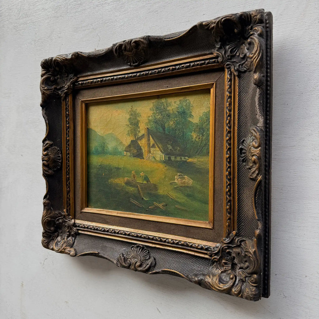 Figures Beside Country Cottage Oil Painting | Sheep & Golden Sky | Dark Bronze Frame | circa 1940s | 15.7×13.8in - Vintage Oil Painting - Arden Gallery