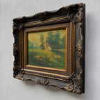 Figures Beside Country Cottage Oil Painting | Sheep & Golden Sky | Dark Bronze Frame | circa 1940s | 15.7×13.8in - Vintage Oil Painting - Arden Gallery