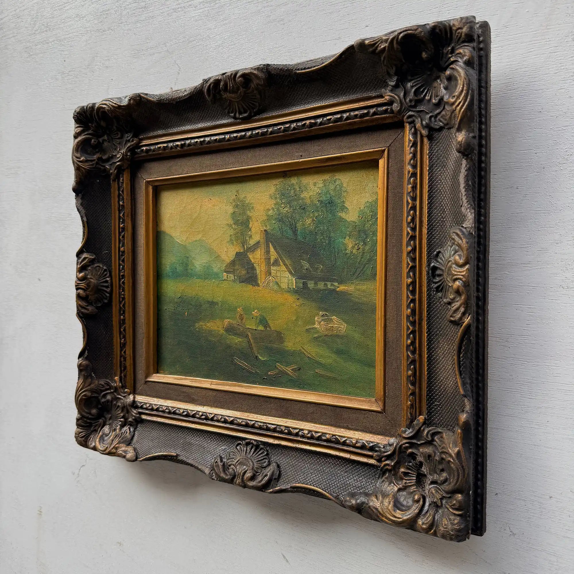 Figures Beside Country Cottage Oil Painting | Sheep & Golden Sky | Dark Bronze Frame | circa 1940s | 15.7×13.8in - Vintage Oil Painting - Arden Gallery