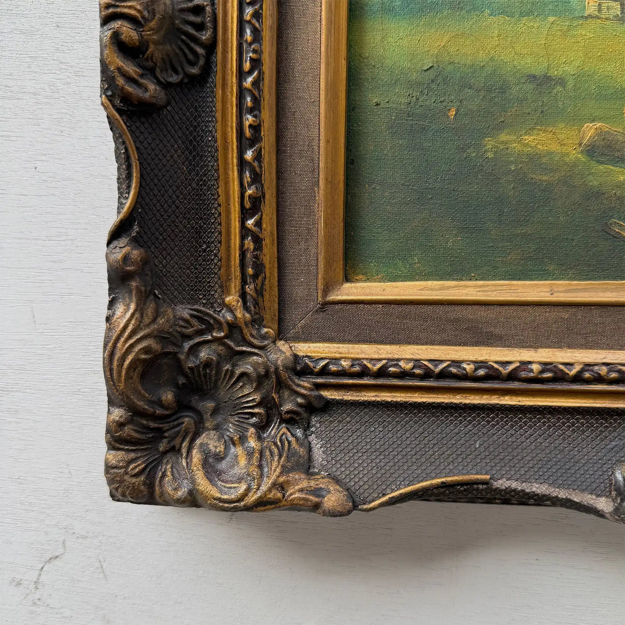 Figures Beside Country Cottage Oil Painting | Sheep & Golden Sky | Dark Bronze Frame | circa 1940s | 15.7×13.8in - Vintage Oil Painting - Arden Gallery