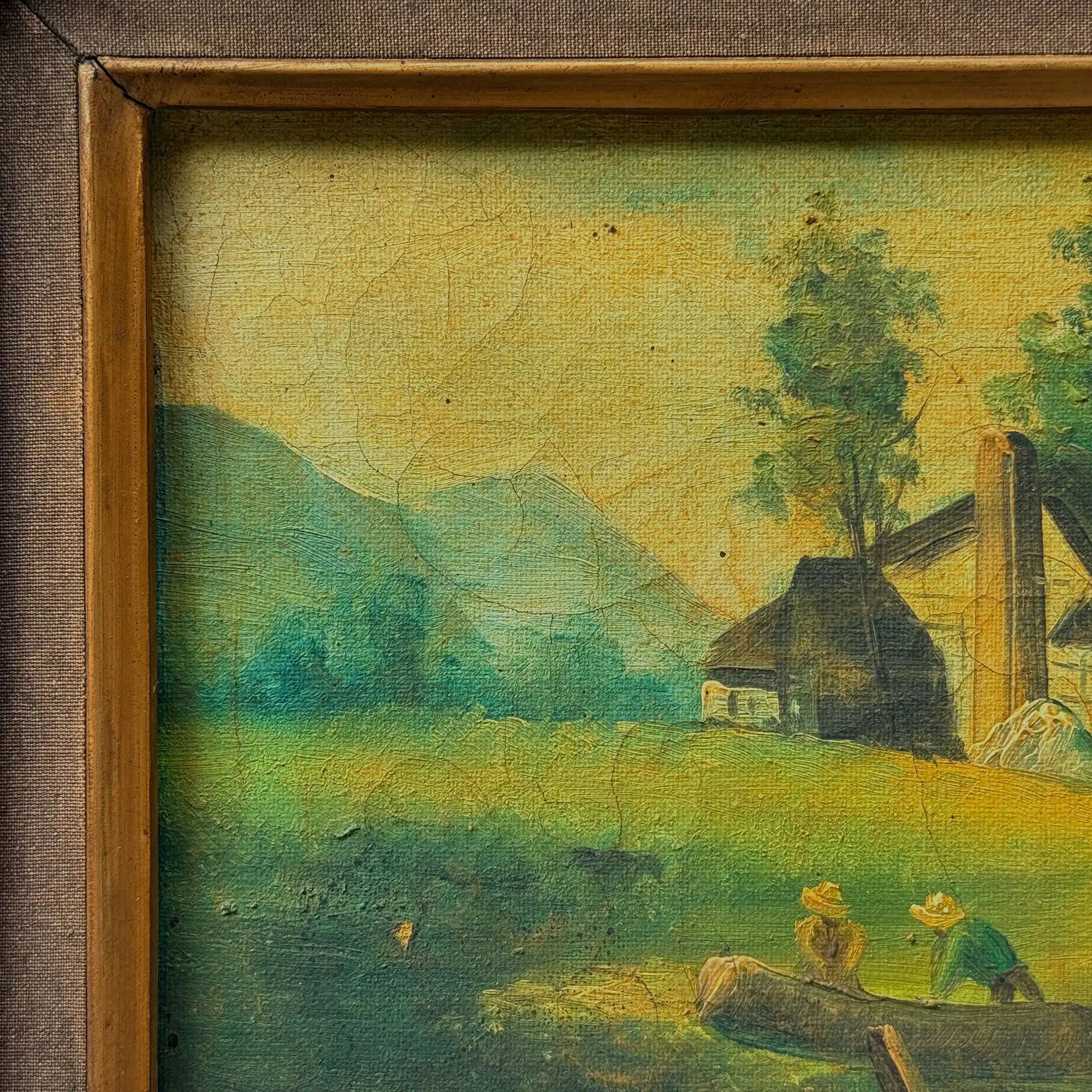 Figures Beside Country Cottage Oil Painting | Sheep & Golden Sky | Dark Bronze Frame | circa 1940s | 15.7×13.8in - Vintage Oil Painting - Arden Gallery