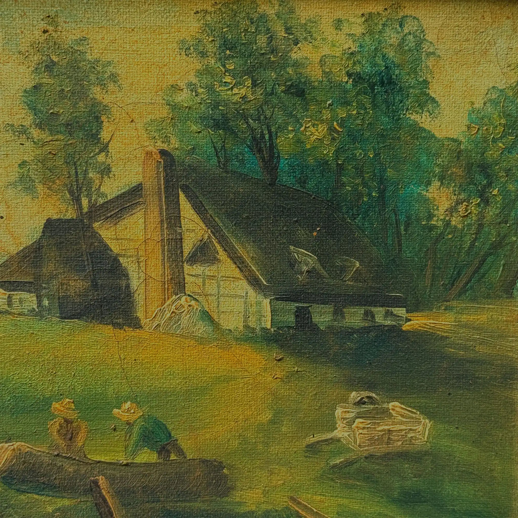 Figures Beside Country Cottage Oil Painting | Sheep & Golden Sky | Dark Bronze Frame | circa 1940s | 15.7×13.8in - Vintage Oil Painting - Arden Gallery