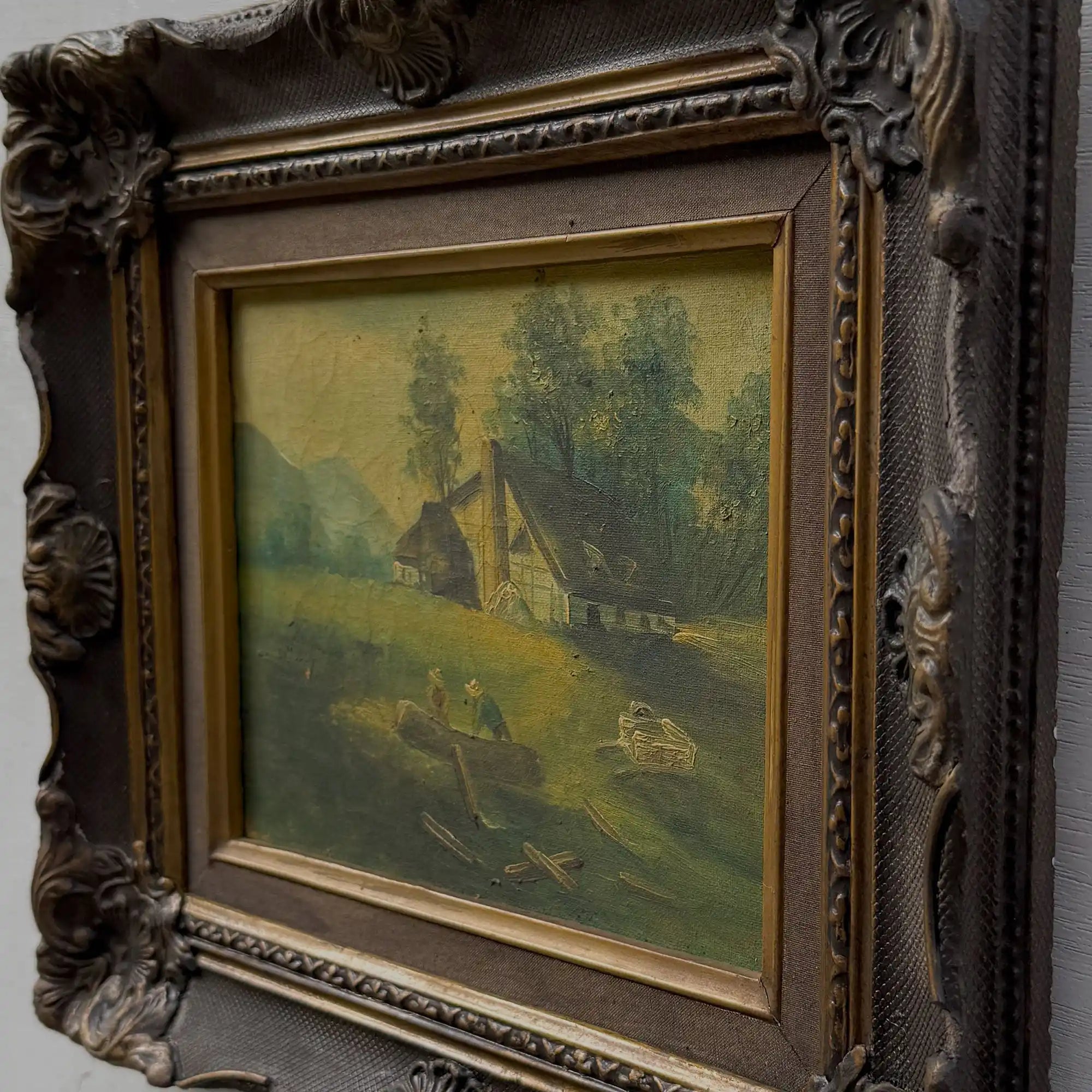 Figures Beside Country Cottage Oil Painting | Sheep & Golden Sky | Dark Bronze Frame | circa 1940s | 15.7×13.8in - Vintage Oil Painting - Arden Gallery