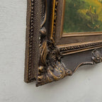 Figures Beside Country Cottage Oil Painting | Sheep & Golden Sky | Dark Bronze Frame | circa 1940s | 15.7×13.8in - Vintage Oil Painting - Arden Gallery