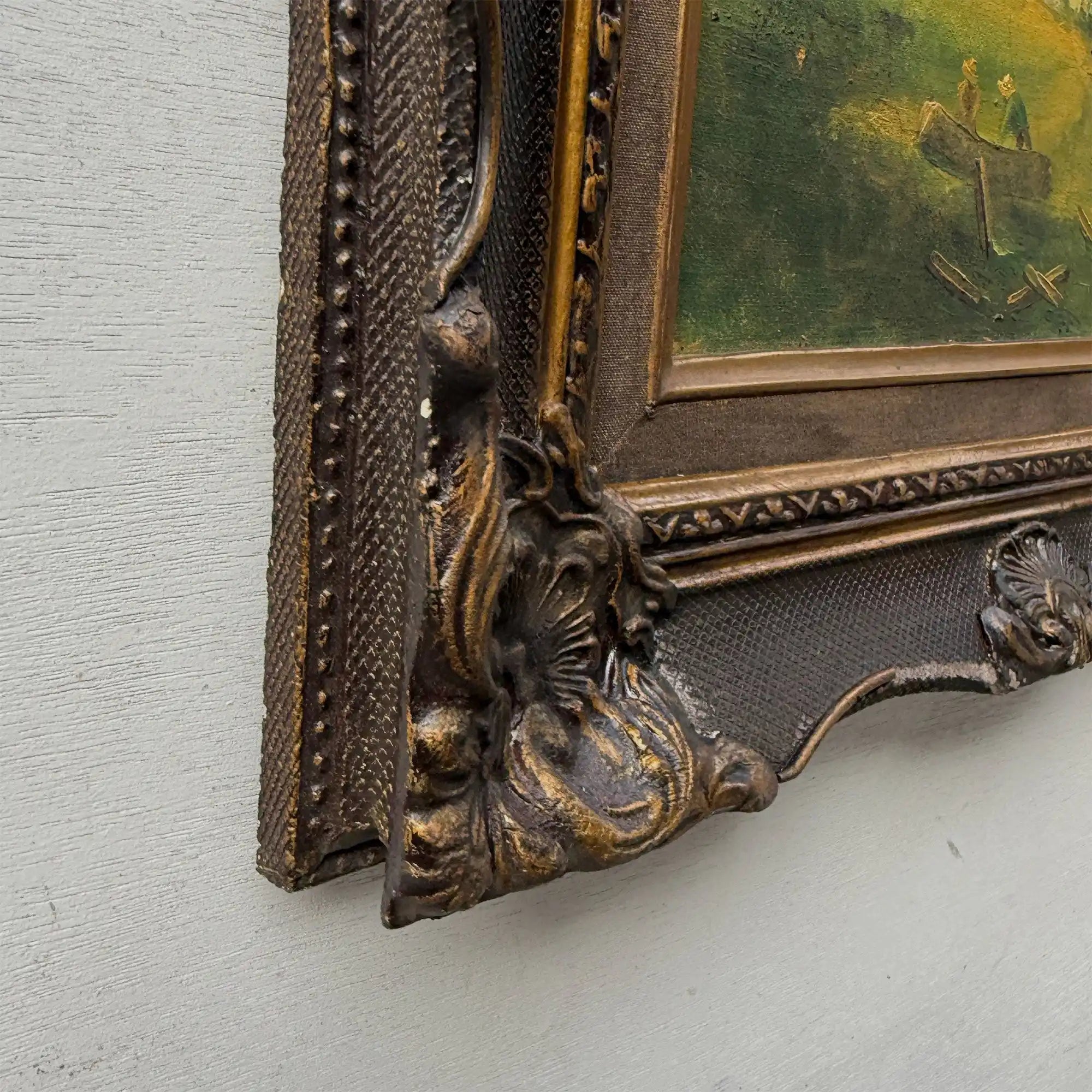 Figures Beside Country Cottage Oil Painting | Sheep & Golden Sky | Dark Bronze Frame | circa 1940s | 15.7×13.8in - Vintage Oil Painting - Arden Gallery