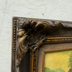 Figures Beside Country Cottage Oil Painting | Sheep & Golden Sky | Dark Bronze Frame | circa 1940s | 15.7×13.8in - Vintage Oil Painting - Arden Gallery