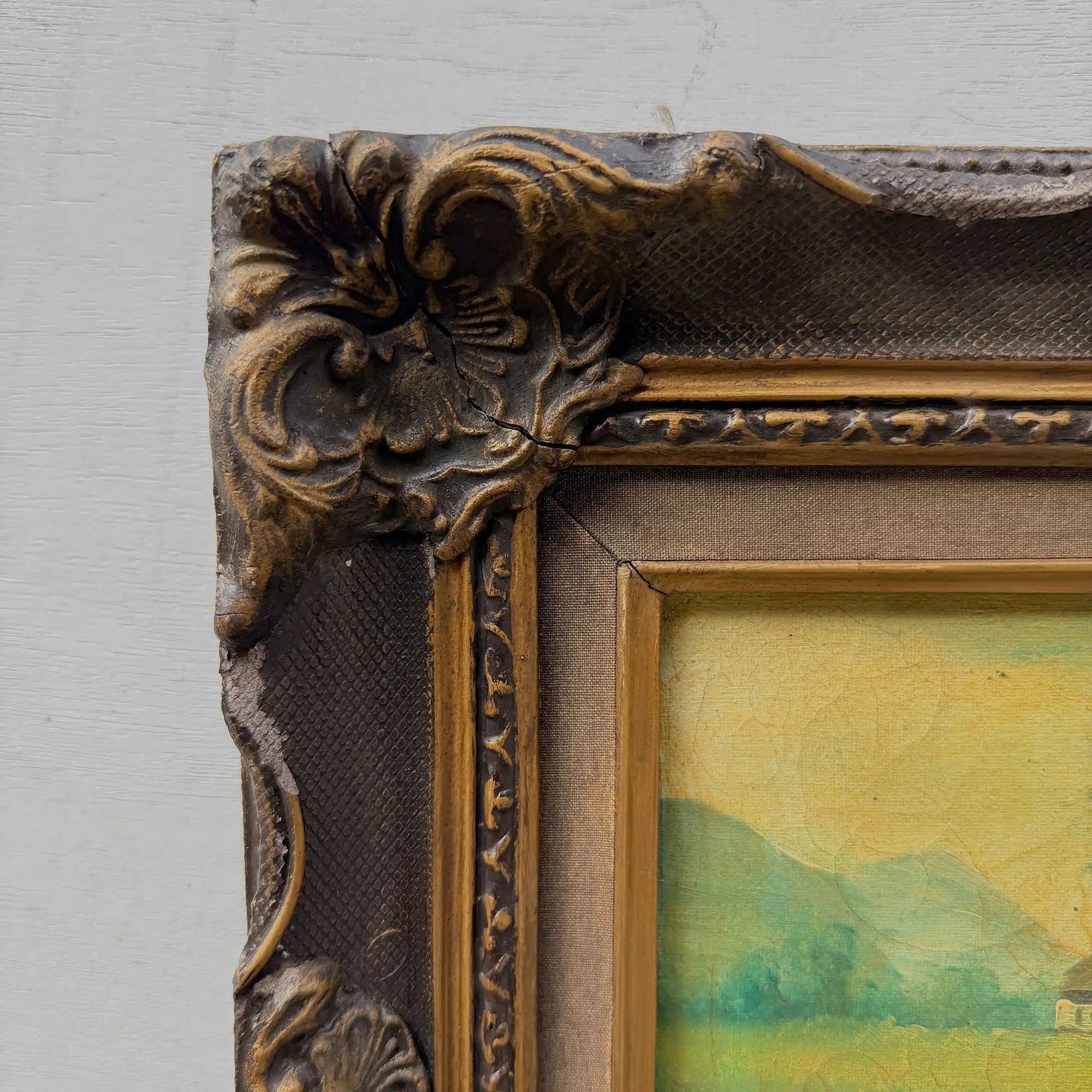 Figures Beside Country Cottage Oil Painting | Sheep & Golden Sky | Dark Bronze Frame | circa 1940s | 15.7×13.8in - Vintage Oil Painting - Arden Gallery