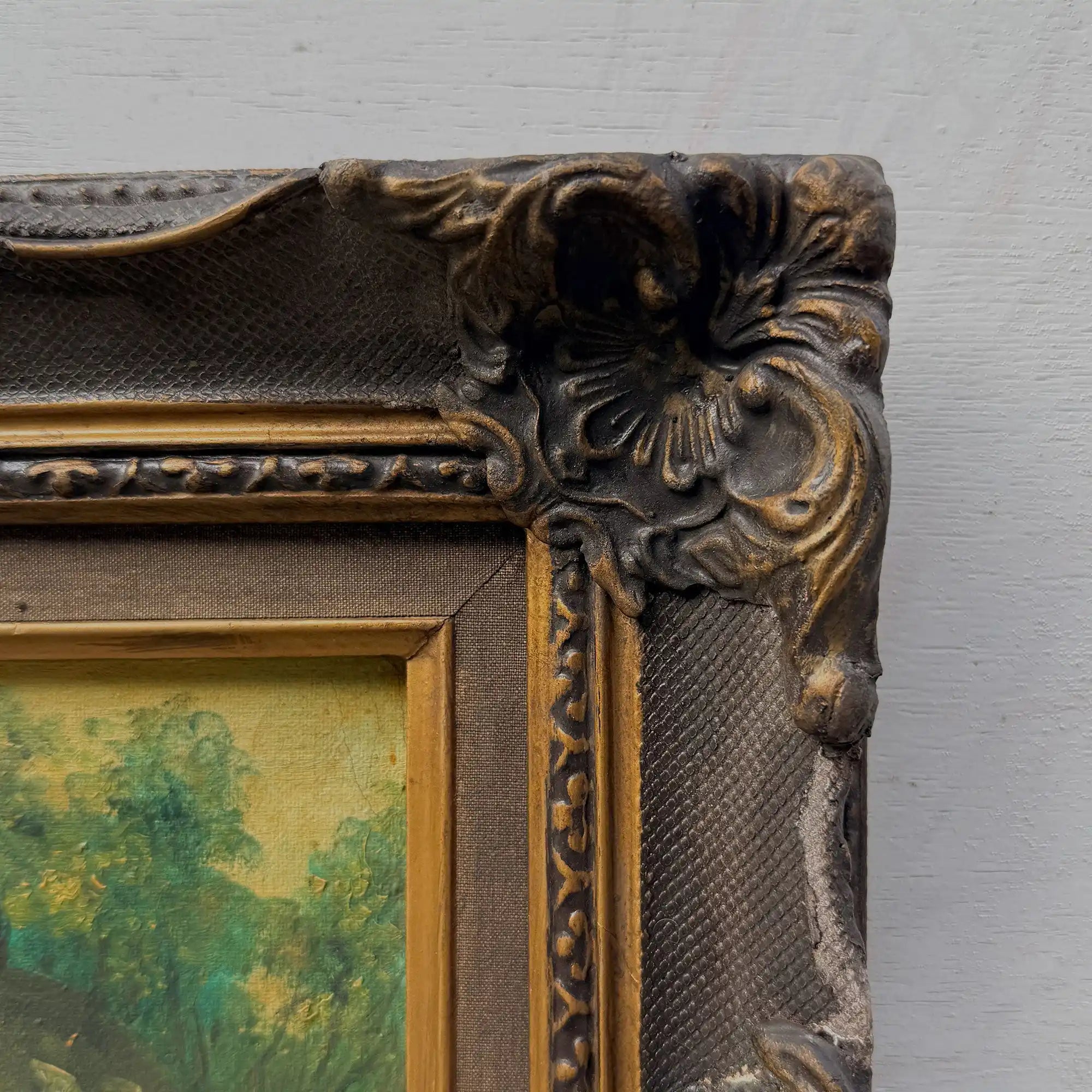 Figures Beside Country Cottage Oil Painting | Sheep & Golden Sky | Dark Bronze Frame | circa 1940s | 15.7×13.8in - Vintage Oil Painting - Arden Gallery