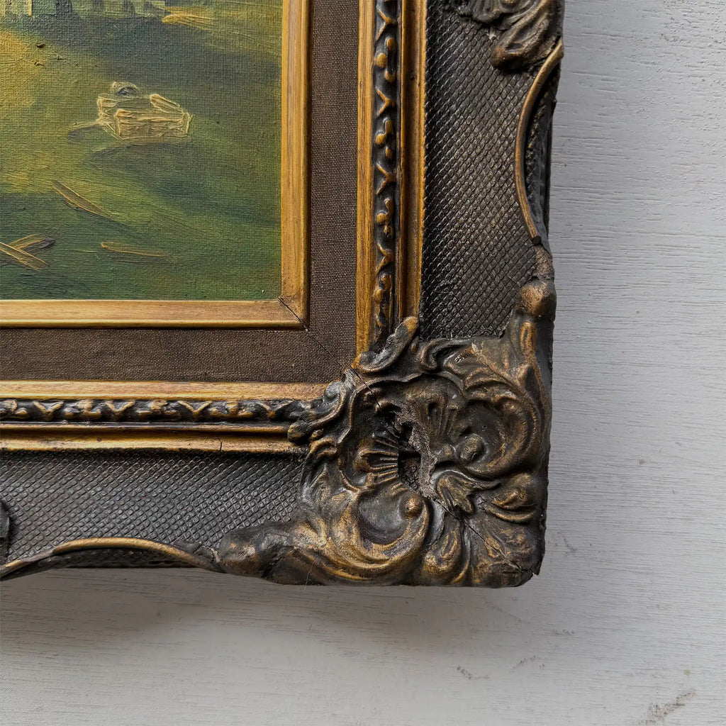 Figures Beside Country Cottage Oil Painting | Sheep & Golden Sky | Dark Bronze Frame | circa 1940s | 15.7×13.8in - Vintage Oil Painting - Arden Gallery