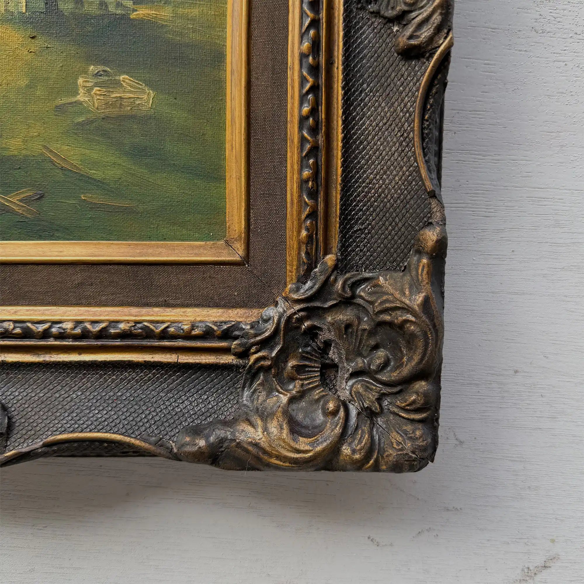 Figures Beside Country Cottage Oil Painting | Sheep & Golden Sky | Dark Bronze Frame | circa 1940s | 15.7×13.8in - Vintage Oil Painting - Arden Gallery