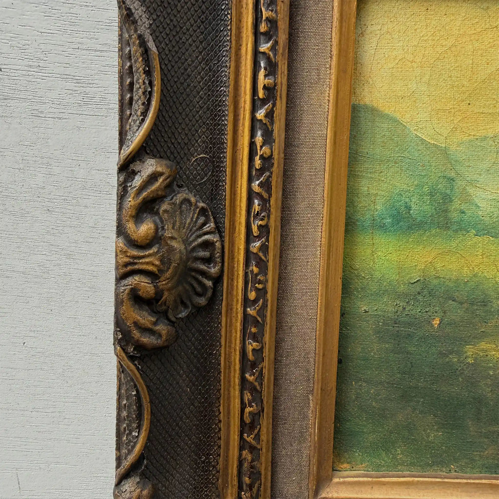Figures Beside Country Cottage Oil Painting | Sheep & Golden Sky | Dark Bronze Frame | circa 1940s | 15.7×13.8in - Vintage Oil Painting - Arden Gallery