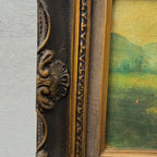 Figures Beside Country Cottage Oil Painting | Sheep & Golden Sky | Dark Bronze Frame | circa 1940s | 15.7×13.8in - Vintage Oil Painting - Arden Gallery