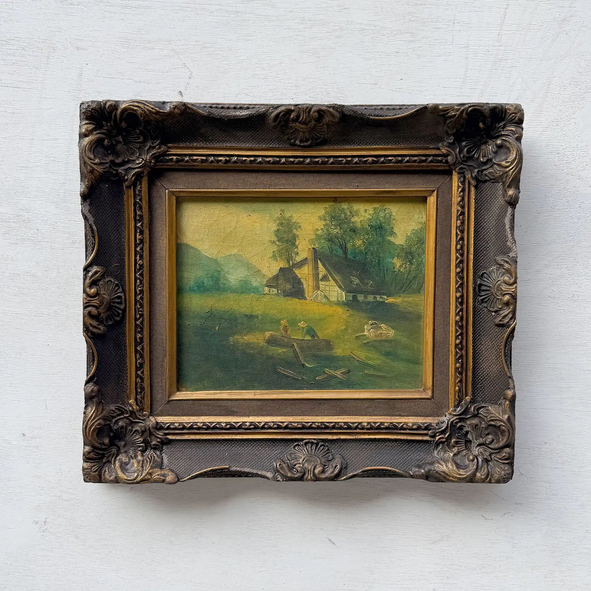 Figures Beside Country Cottage Oil Painting | Sheep & Golden Sky | Dark Bronze Frame | circa 1940s | 15.7×13.8in - Vintage Oil Painting - Arden Gallery