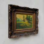 Figures Beside Country Cottage Oil Painting | Sheep & Golden Sky | Dark Bronze Frame | circa 1940s | 15.7×13.8in - Vintage Oil Painting - Arden Gallery
