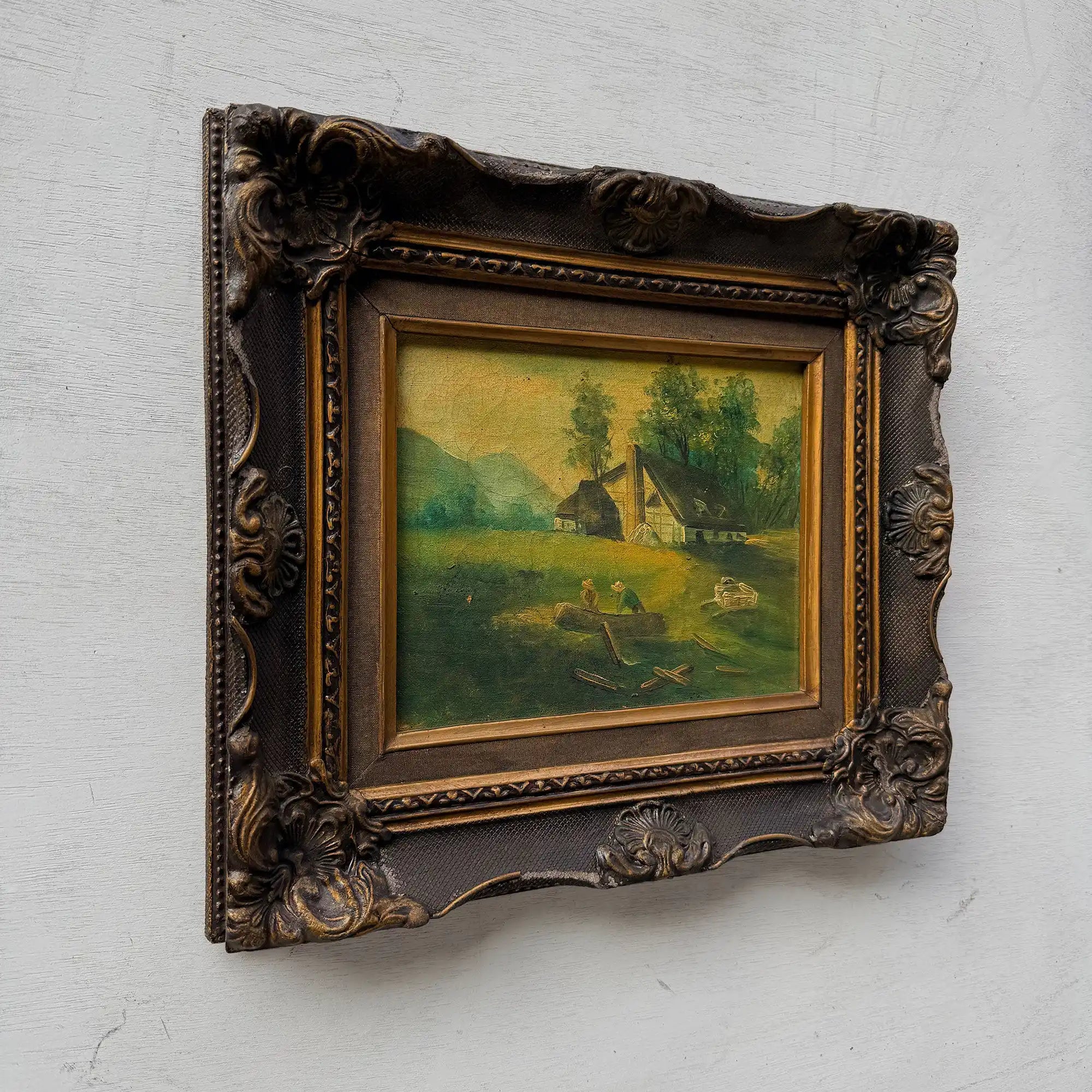 Figures Beside Country Cottage Oil Painting | Sheep & Golden Sky | Dark Bronze Frame | circa 1940s | 15.7×13.8in - Vintage Oil Painting - Arden Gallery