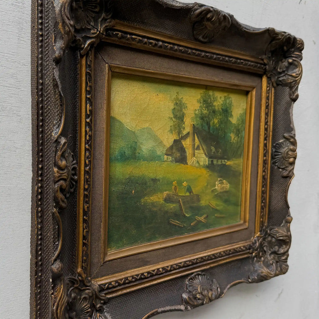 Figures Beside Country Cottage Oil Painting | Sheep & Golden Sky | Dark Bronze Frame | circa 1940s | 15.7×13.8in - Vintage Oil Painting - Arden Gallery