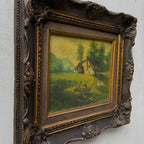 Figures Beside Country Cottage Oil Painting | Sheep & Golden Sky | Dark Bronze Frame | circa 1940s | 15.7×13.8in - Vintage Oil Painting - Arden Gallery