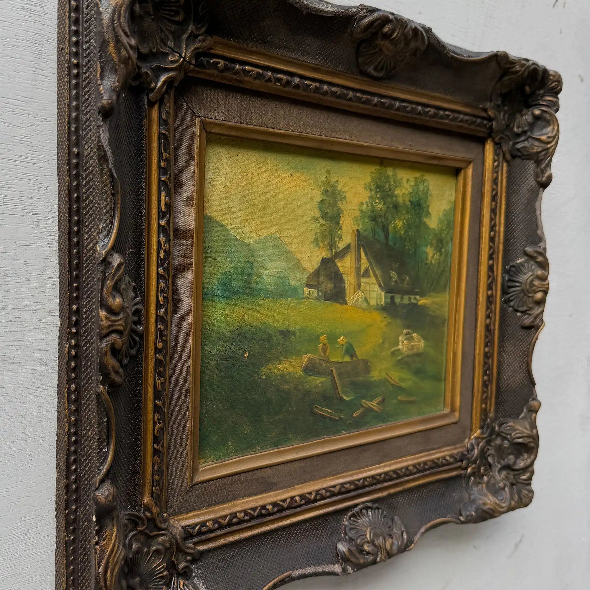 Figures Beside Country Cottage Oil Painting | Sheep & Golden Sky | Dark Bronze Frame | circa 1940s | 15.7×13.8in - Vintage Oil Painting - Arden Gallery