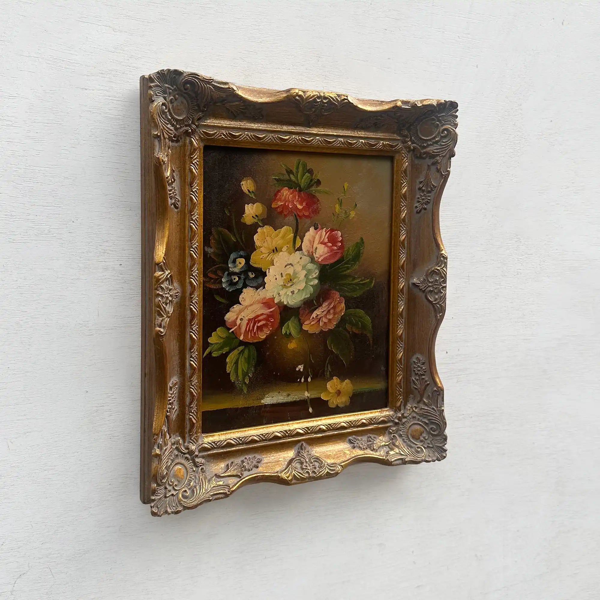 Floral Still Life with Bouquet | Vintage Oil Painting | Ornate Frame | 11.4×13.4in - Vintage Oil Painting - Arden Gallery