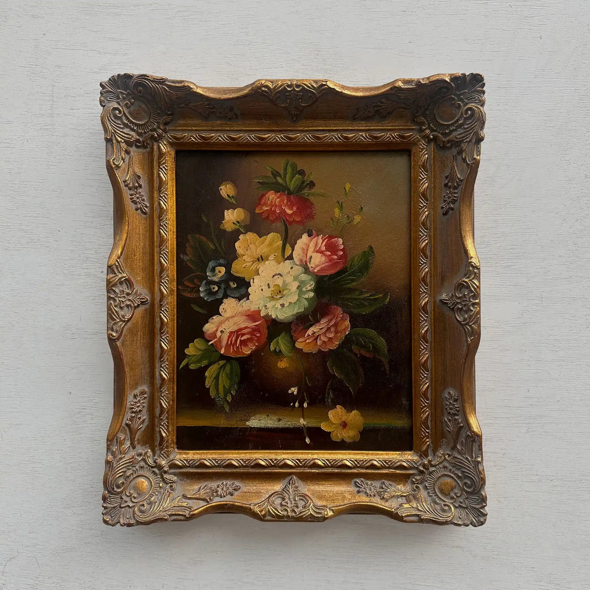 Floral Still Life with Bouquet | Vintage Oil Painting | Ornate Frame | 11.4×13.4in - Vintage Oil Painting - Arden Gallery