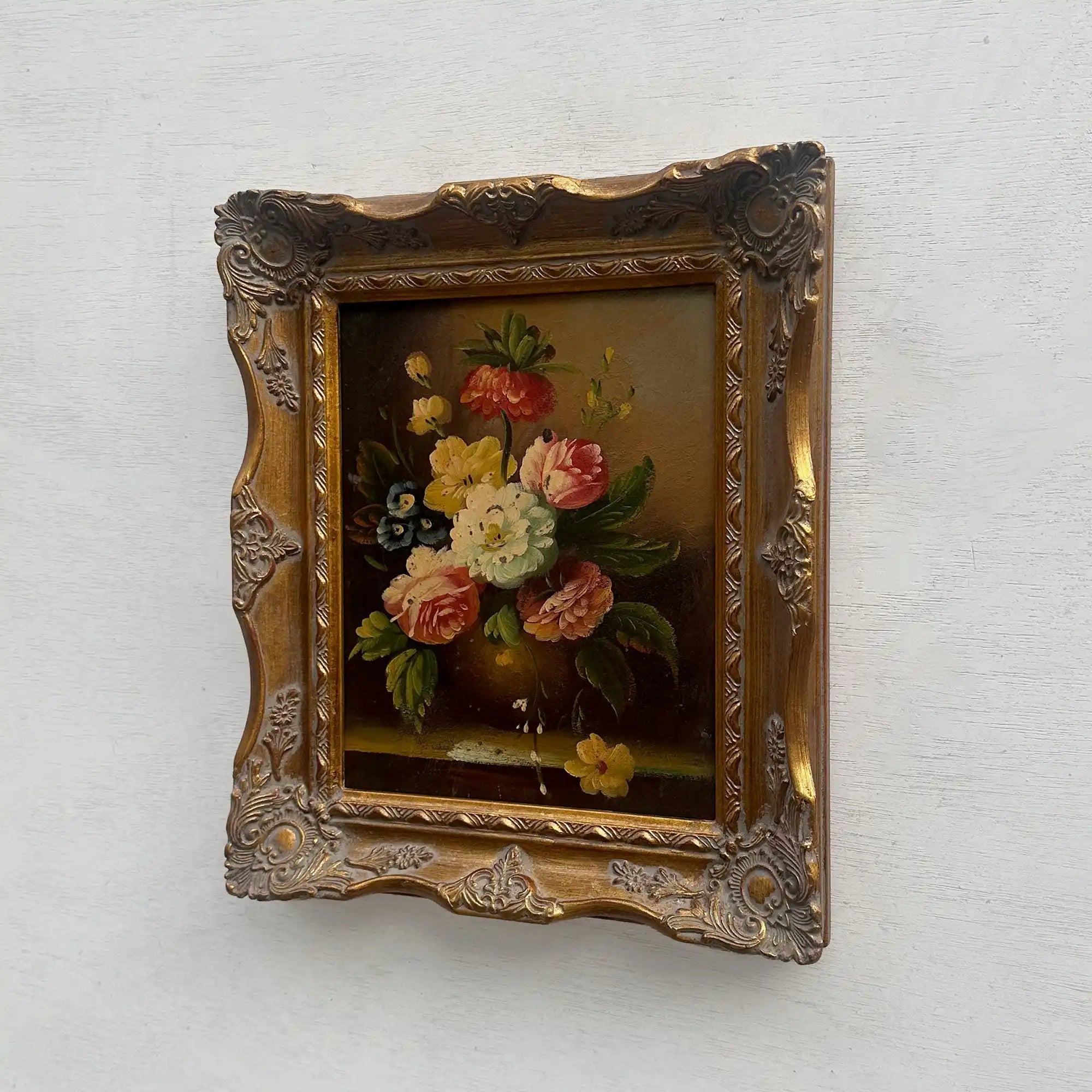 Floral Still Life with Bouquet | Vintage Oil Painting | Ornate Frame | 11.4×13.4in - Vintage Oil Painting - Arden Gallery