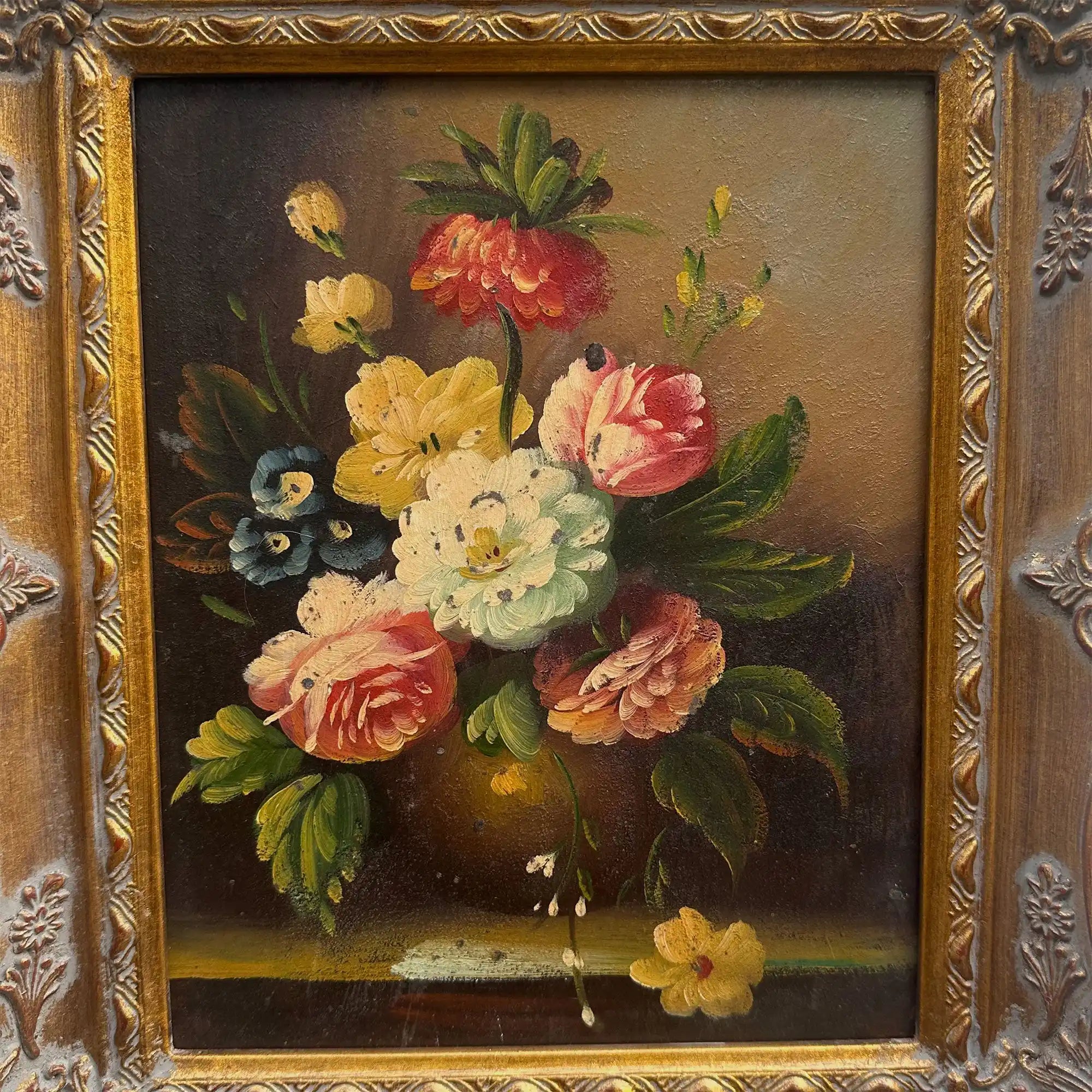 Floral Still Life with Bouquet | Vintage Oil Painting | Ornate Frame | 11.4×13.4in - Vintage Oil Painting - Arden Gallery