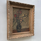 Flowers in a Black Vase Oil Painting | Red & Yellow Modernist Still Life | Carved Wood Frame | Early 20th C. | 21.7×24.8in - Vintage Oil Painting - Arden Gallery
