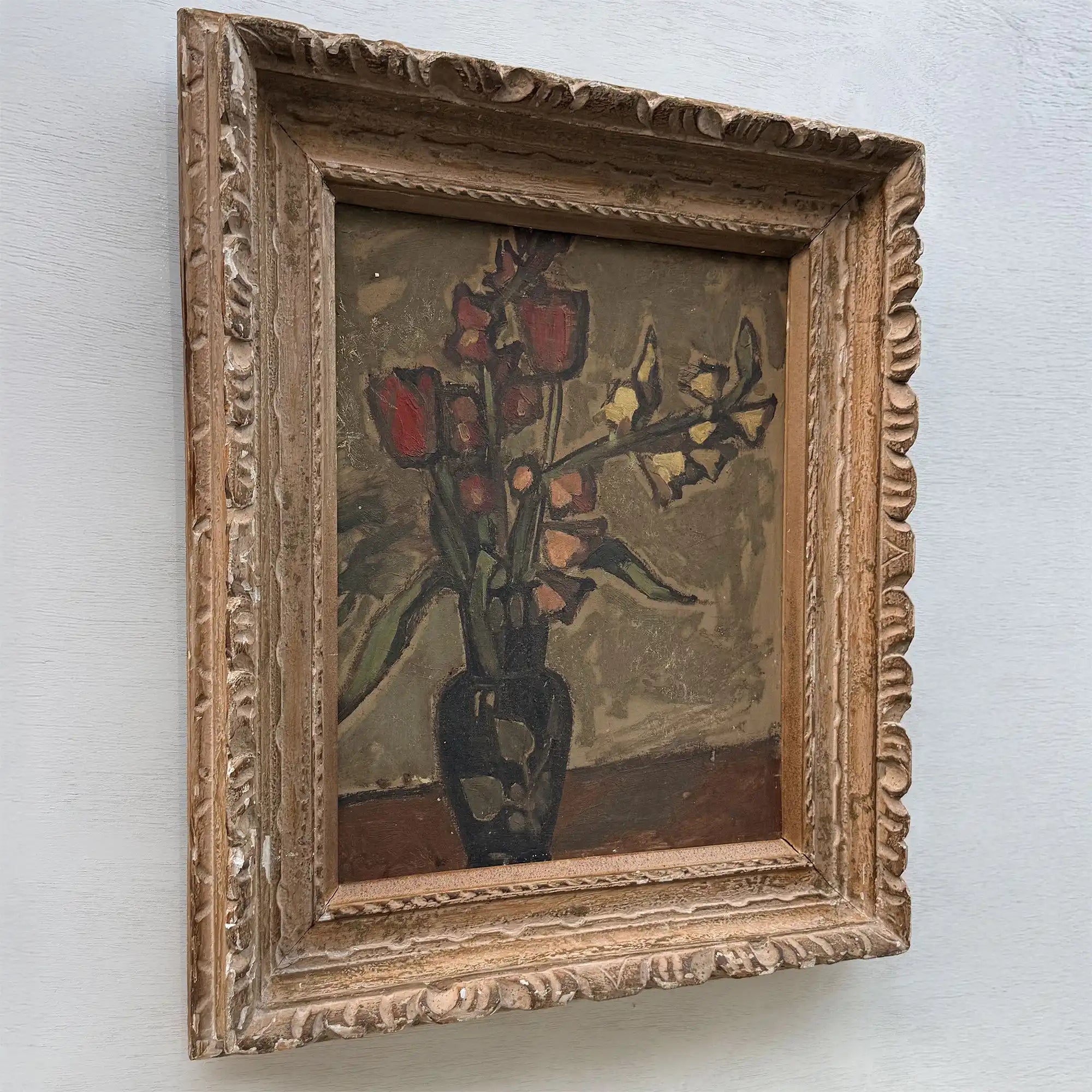 Flowers in a Black Vase Oil Painting | Red & Yellow Modernist Still Life | Carved Wood Frame | Early 20th C. | 21.7×24.8in - Vintage Oil Painting - Arden Gallery