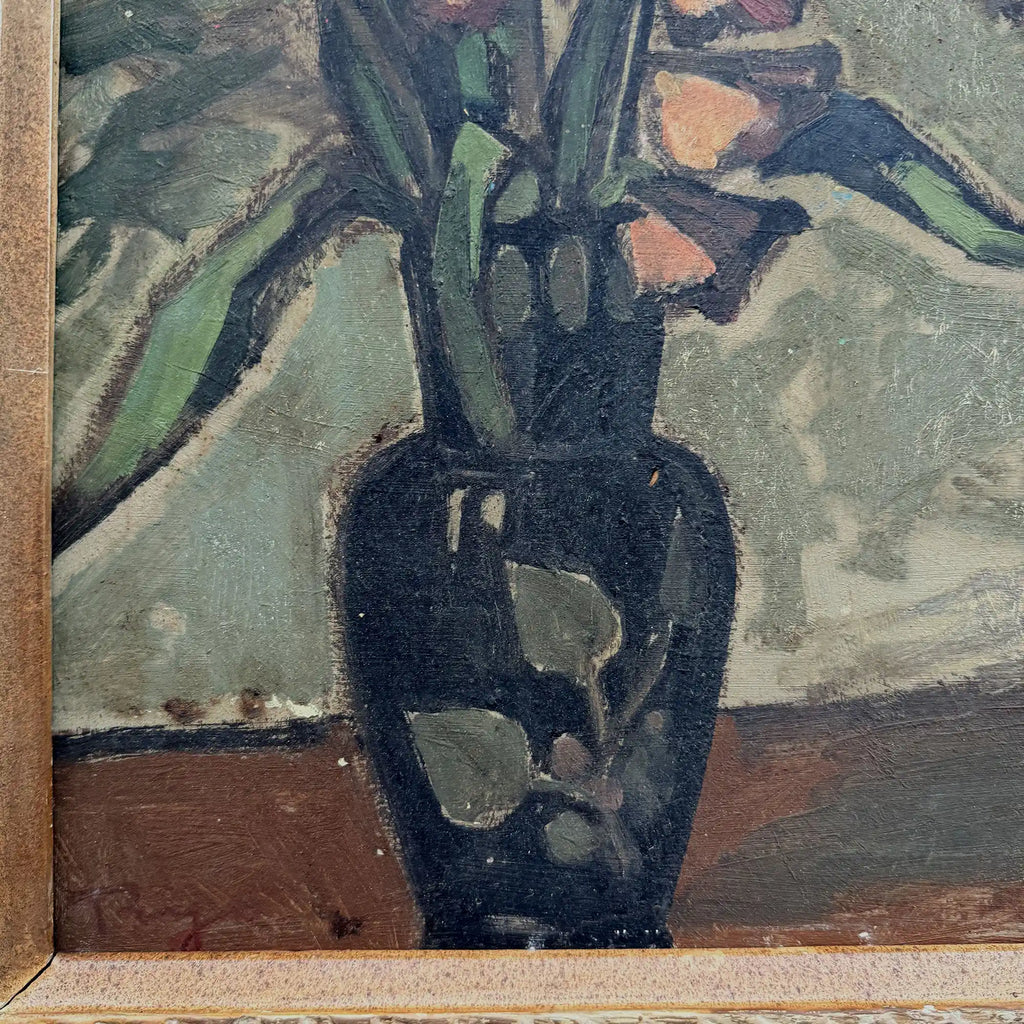 Flowers in a Black Vase Oil Painting | Red & Yellow Modernist Still Life | Carved Wood Frame | Early 20th C. | 21.7×24.8in - Vintage Oil Painting - Arden Gallery