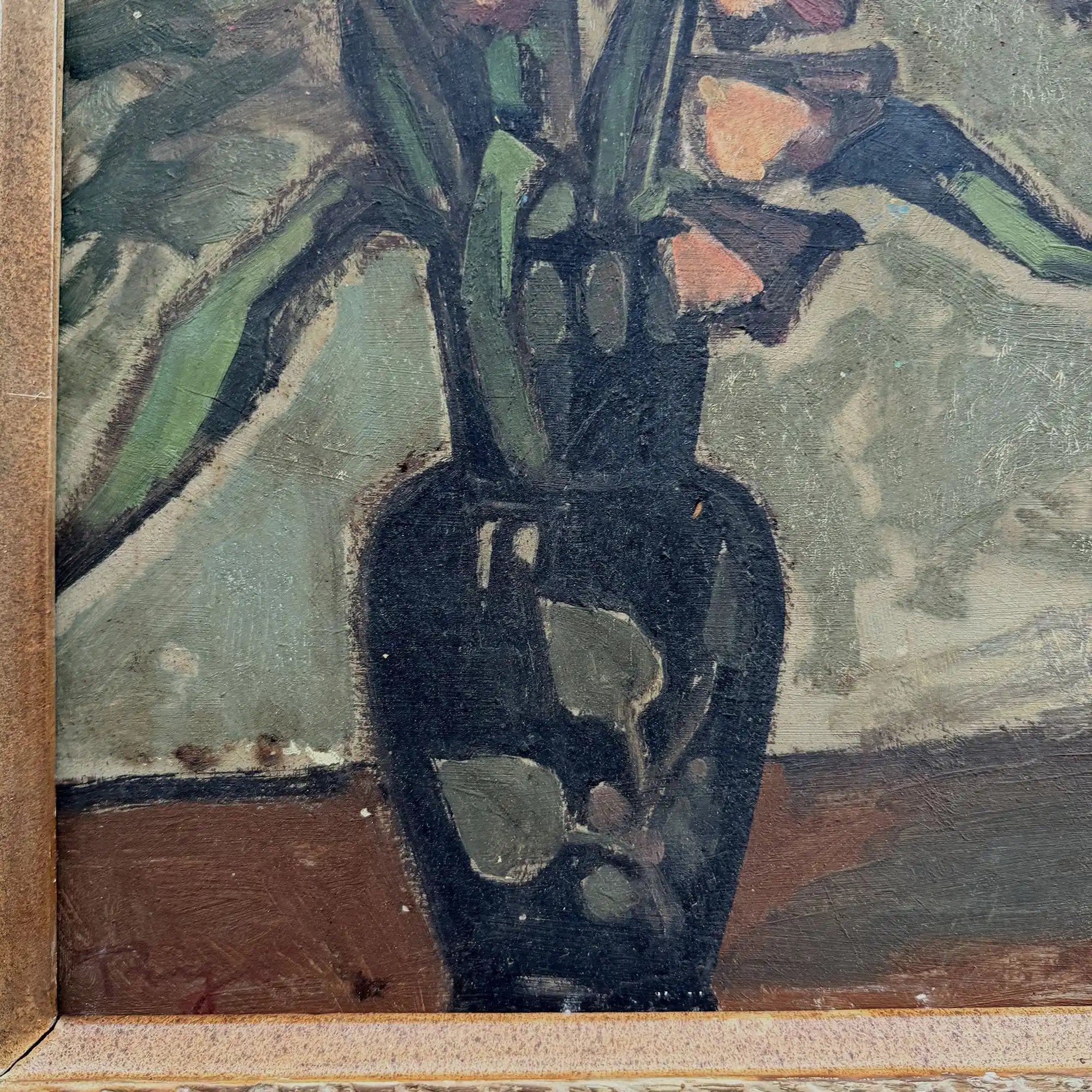 Flowers in a Black Vase Oil Painting | Red & Yellow Modernist Still Life | Carved Wood Frame | Early 20th C. | 21.7×24.8in - Vintage Oil Painting - Arden Gallery
