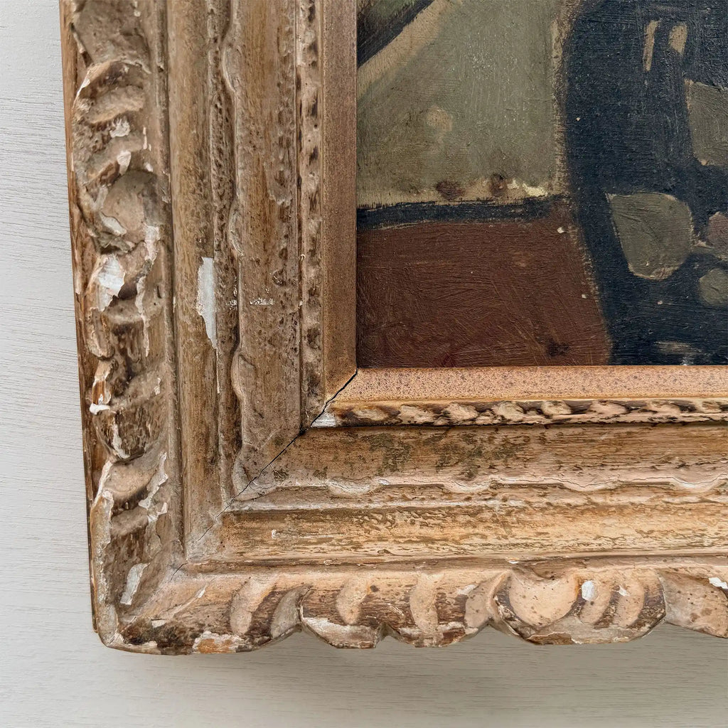 Flowers in a Black Vase Oil Painting | Red & Yellow Modernist Still Life | Carved Wood Frame | Early 20th C. | 21.7×24.8in - Vintage Oil Painting - Arden Gallery