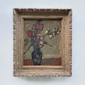 Flowers in a Black Vase Oil Painting | Red & Yellow Modernist Still Life | Carved Wood Frame | Early 20th C. | 21.7×24.8in - Vintage Oil Painting - Arden Gallery