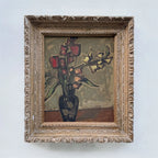 Flowers in a Black Vase Oil Painting | Red & Yellow Modernist Still Life | Carved Wood Frame | Early 20th C. | 21.7×24.8in - Vintage Oil Painting - Arden Gallery