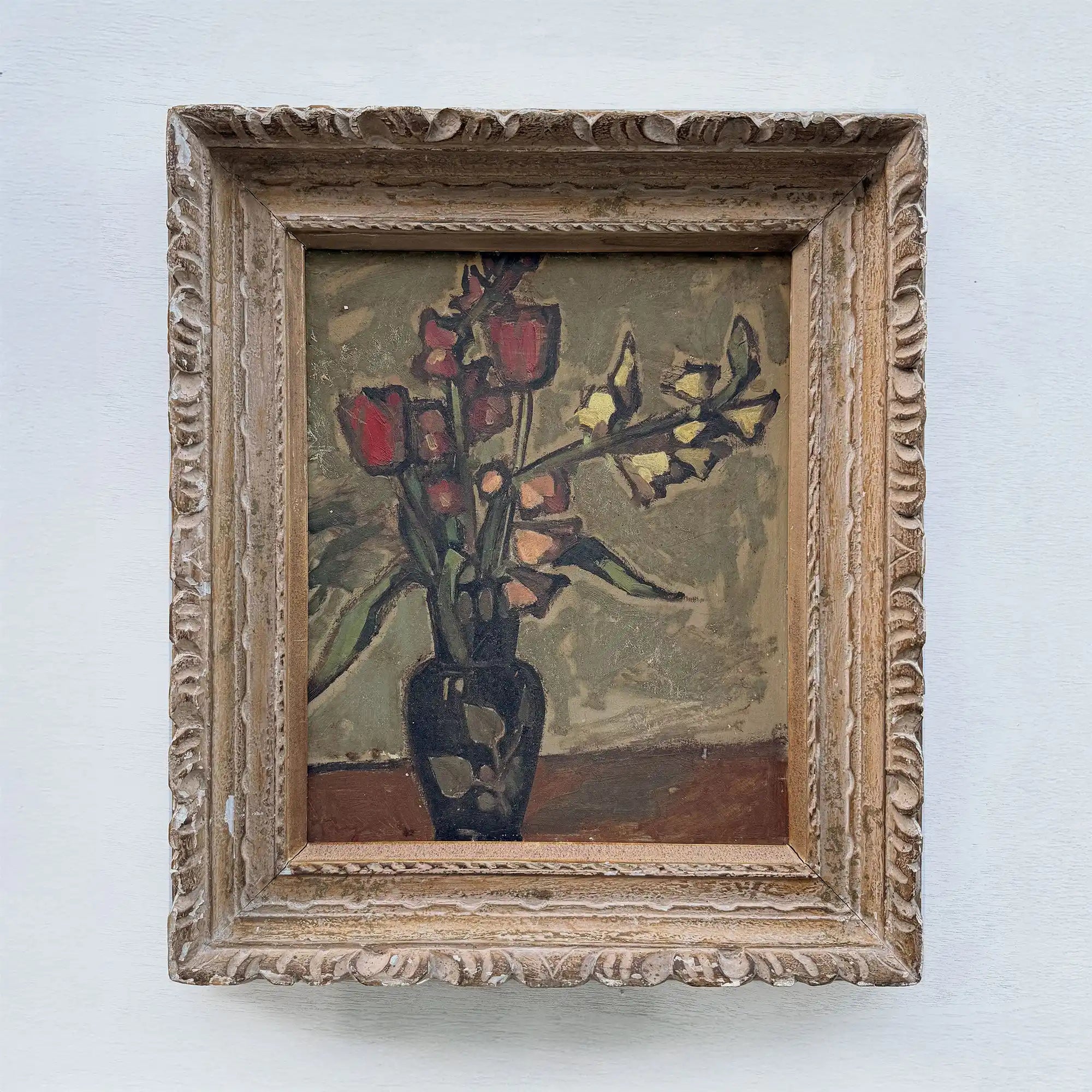 Flowers in a Black Vase Oil Painting | Red & Yellow Modernist Still Life | Carved Wood Frame | Early 20th C. | 21.7×24.8in - Vintage Oil Painting - Arden Gallery