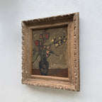 Flowers in a Black Vase Oil Painting | Red & Yellow Modernist Still Life | Carved Wood Frame | Early 20th C. | 21.7×24.8in - Vintage Oil Painting - Arden Gallery