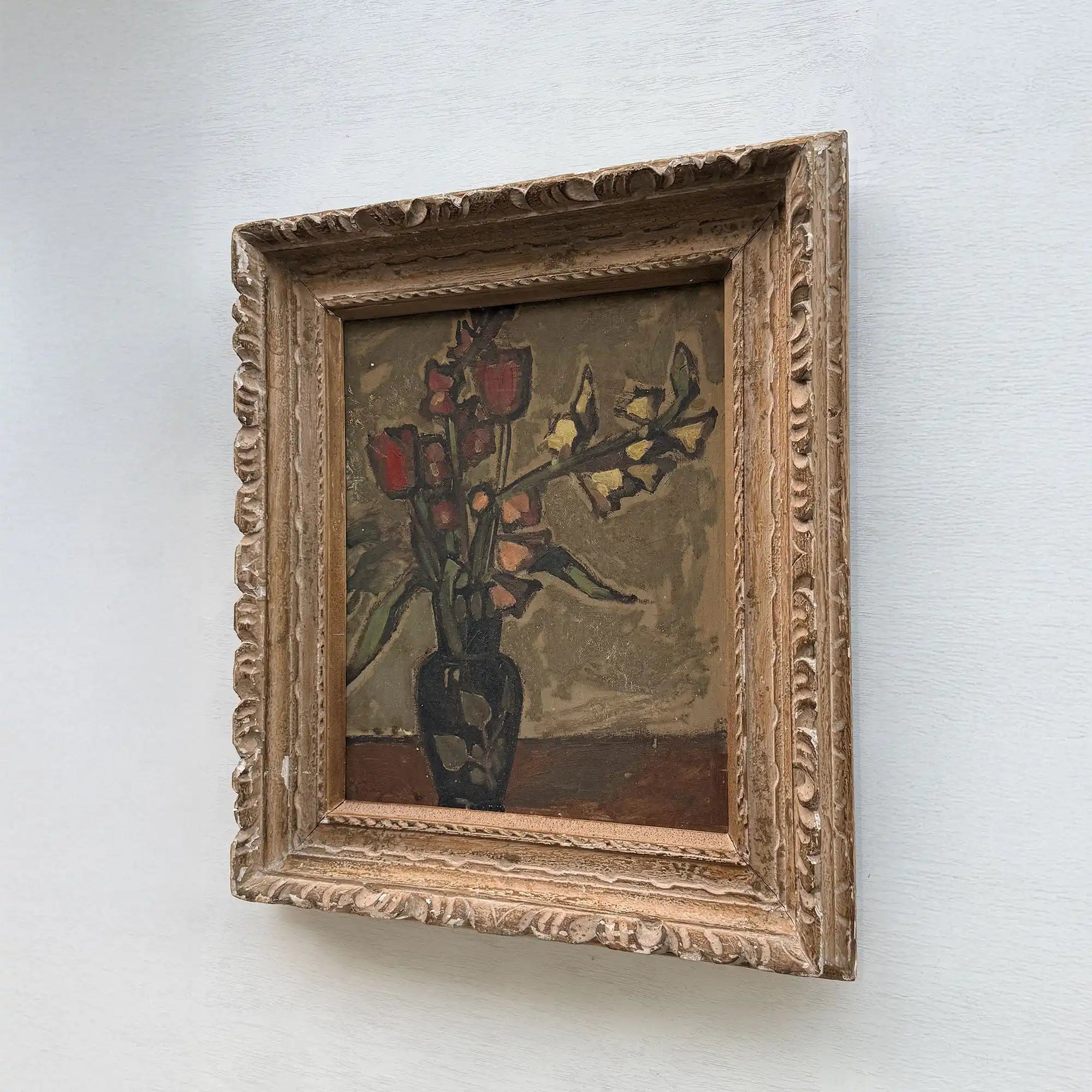 Flowers in a Black Vase Oil Painting | Red & Yellow Modernist Still Life | Carved Wood Frame | Early 20th C. | 21.7×24.8in - Vintage Oil Painting - Arden Gallery