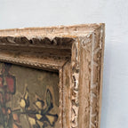 Flowers in a Black Vase Oil Painting | Red & Yellow Modernist Still Life | Carved Wood Frame | Early 20th C. | 21.7×24.8in - Vintage Oil Painting - Arden Gallery