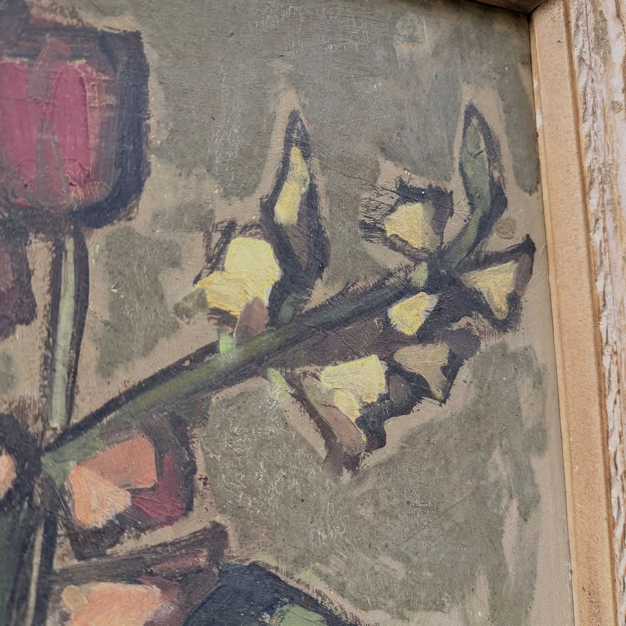 Flowers in a Black Vase Oil Painting | Red & Yellow Modernist Still Life | Carved Wood Frame | Early 20th C. | 21.7×24.8in - Vintage Oil Painting - Arden Gallery