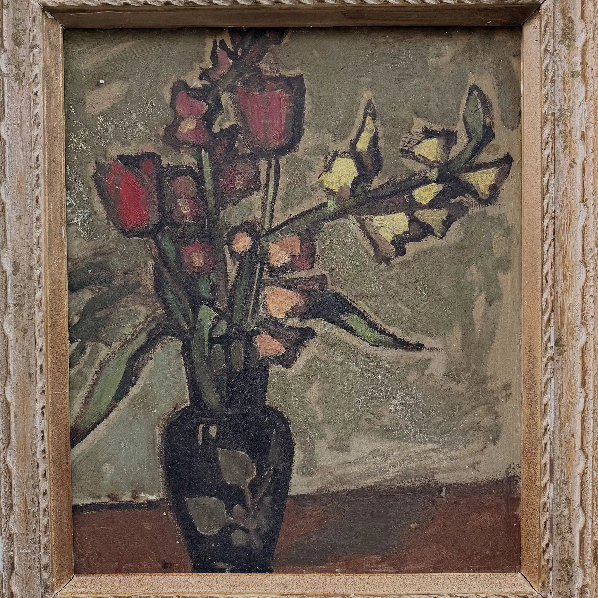 Flowers in a Black Vase Oil Painting | Red & Yellow Modernist Still Life | Carved Wood Frame | Early 20th C. | 21.7×24.8in - Vintage Oil Painting - Arden Gallery