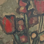 Flowers in a Black Vase Oil Painting | Red & Yellow Modernist Still Life | Carved Wood Frame | Early 20th C. | 21.7×24.8in - Vintage Oil Painting - Arden Gallery