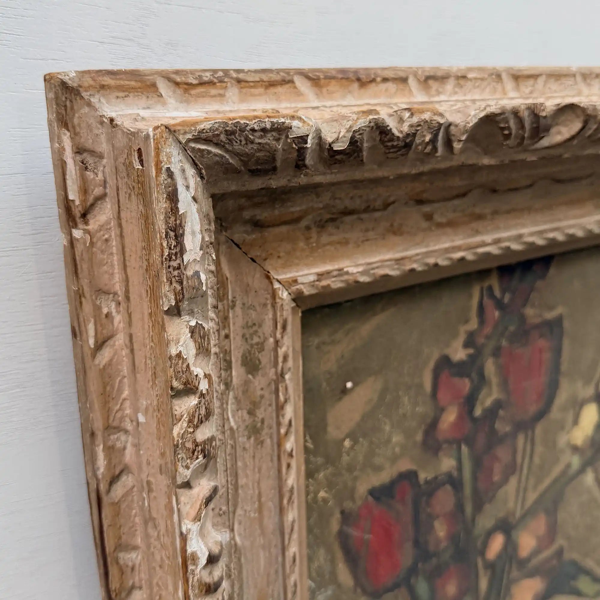 Flowers in a Black Vase Oil Painting | Red & Yellow Modernist Still Life | Carved Wood Frame | Early 20th C. | 21.7×24.8in - Vintage Oil Painting - Arden Gallery