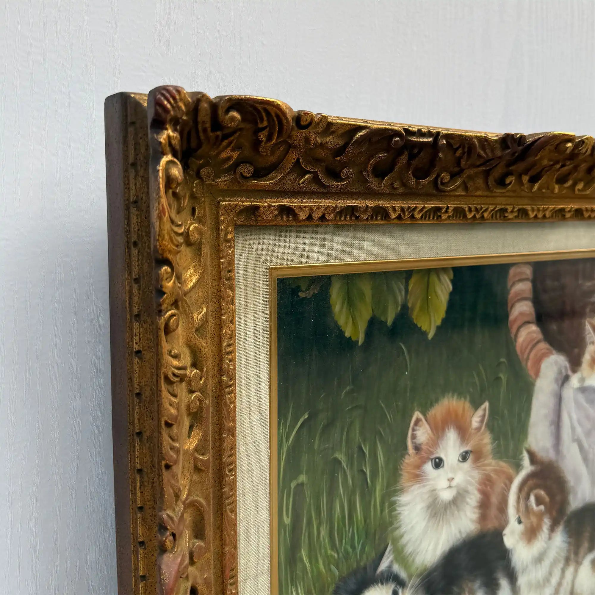 Four Little Cats | Original Vintage Kitten Oil Painting in Ornate Gold Frame - Vintage Oil Painting - Arden Gallery