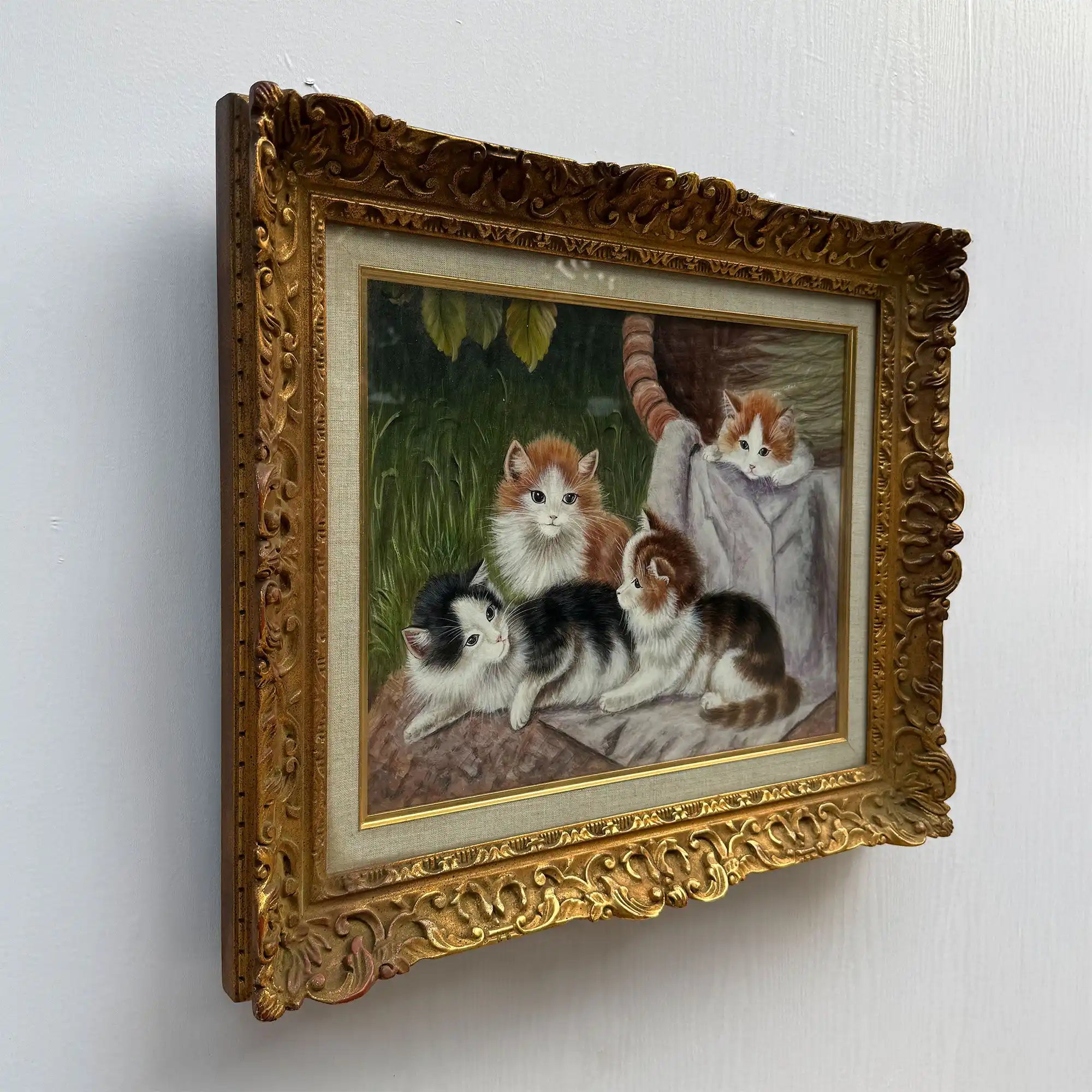 Four Little Cats | Original Vintage Kitten Oil Painting in Ornate Gold Frame - Vintage Oil Painting - Arden Gallery