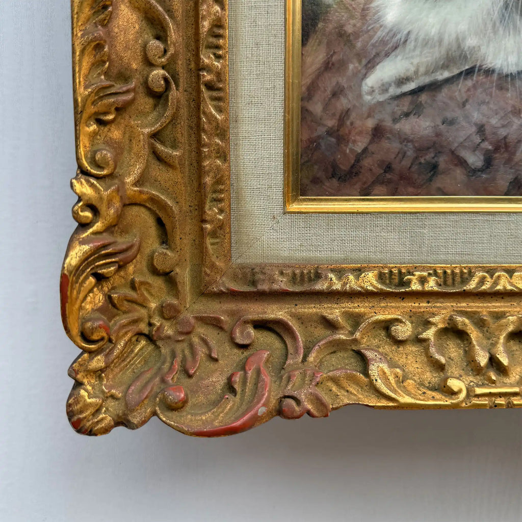Four Little Cats | Original Vintage Kitten Oil Painting in Ornate Gold Frame - Vintage Oil Painting - Arden Gallery