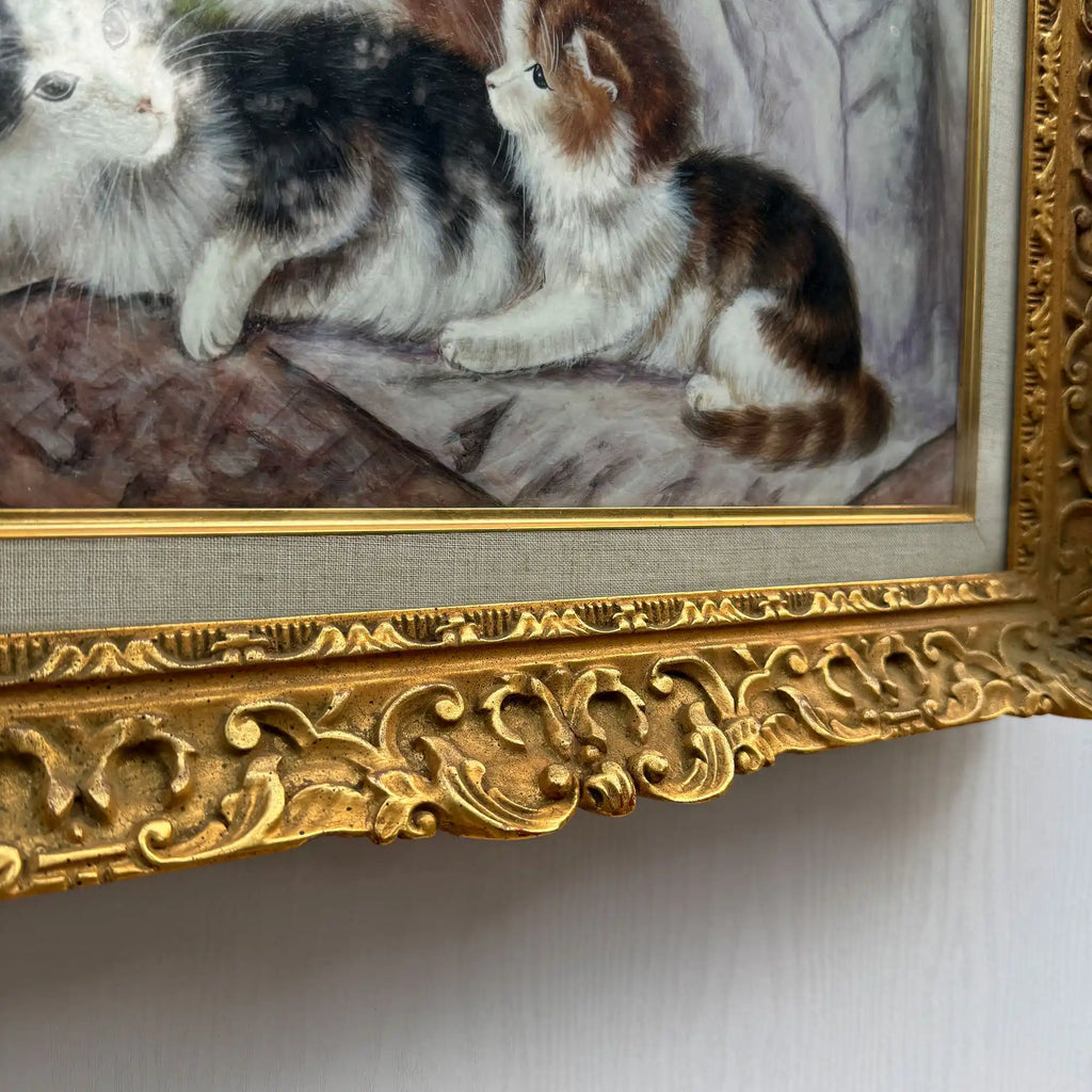Four Little Cats | Original Vintage Kitten Oil Painting in Ornate Gold Frame - Vintage Oil Painting - Arden Gallery