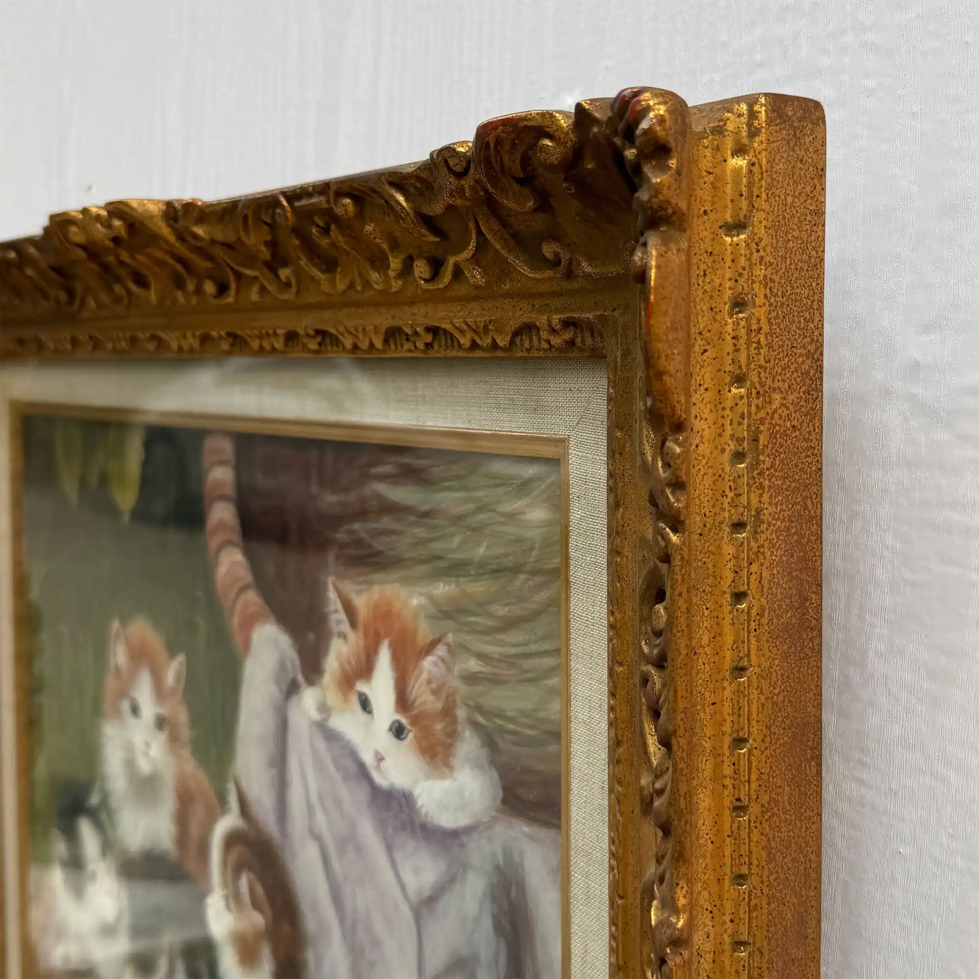 Four Little Cats | Original Vintage Kitten Oil Painting in Ornate Gold Frame - Vintage Oil Painting - Arden Gallery
