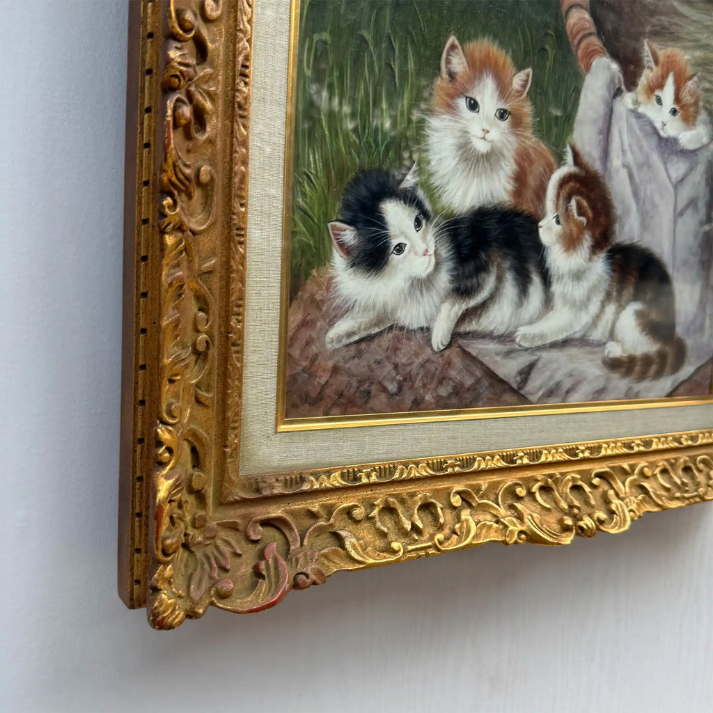 Four Little Cats | Original Vintage Kitten Oil Painting in Ornate Gold Frame - Vintage Oil Painting - Arden Gallery