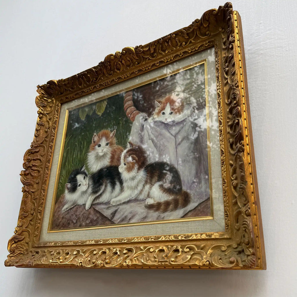 Four Little Cats | Original Vintage Kitten Oil Painting in Ornate Gold Frame - Vintage Oil Painting - Arden Gallery