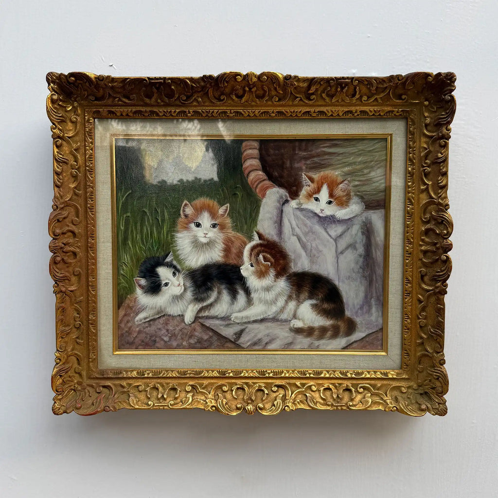 Four Little Cats | Original Vintage Kitten Oil Painting in Ornate Gold Frame - Vintage Oil Painting - Arden Gallery
